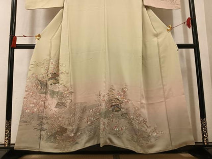 平和屋着物●訪問着　総刺繍　翠山刺繍　草花風景文　暈し染め　正絹　逸品　AABM5199ph