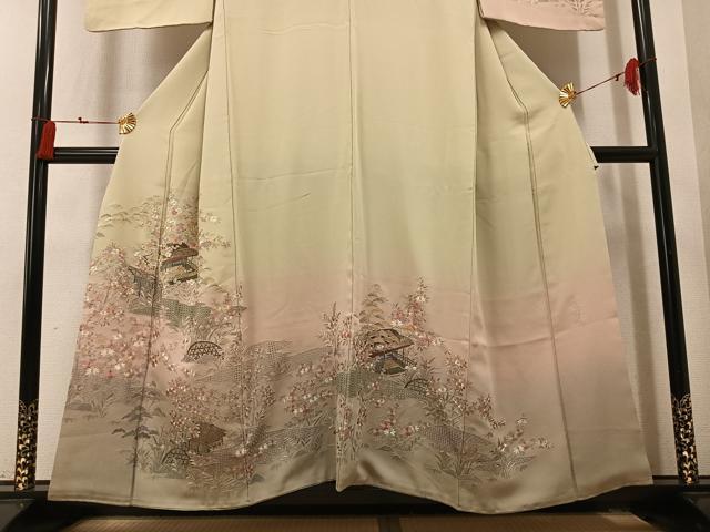 平和屋着物●訪問着　総刺繍　翠山刺繍　草花風景文　暈し染め　正絹　逸品　AABM5199ph