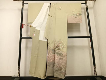 平和屋着物●訪問着　総刺繍　翠山刺繍　草花風景文　暈し染め　正絹　逸品　AABM5199ph