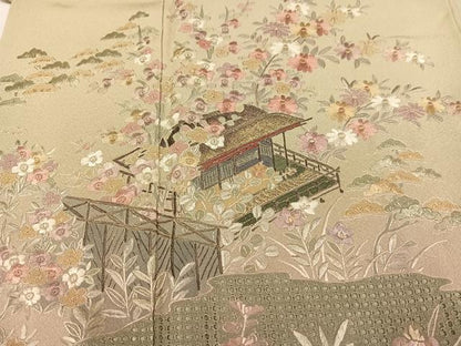 平和屋着物●訪問着　総刺繍　翠山刺繍　草花風景文　暈し染め　正絹　逸品　AABM5199ph