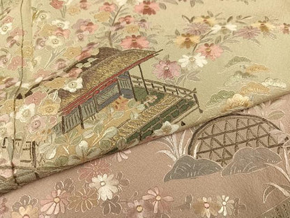 平和屋着物●訪問着　総刺繍　翠山刺繍　草花風景文　暈し染め　正絹　逸品　AABM5199ph