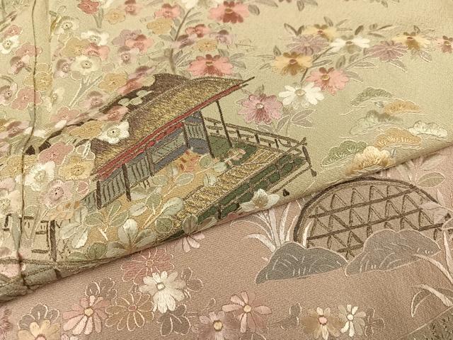 平和屋着物●訪問着　総刺繍　翠山刺繍　草花風景文　暈し染め　正絹　逸品　AABM5199ph