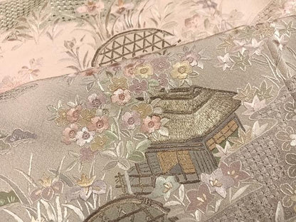 平和屋着物●訪問着　総刺繍　翠山刺繍　草花風景文　暈し染め　正絹　逸品　AABM5199ph