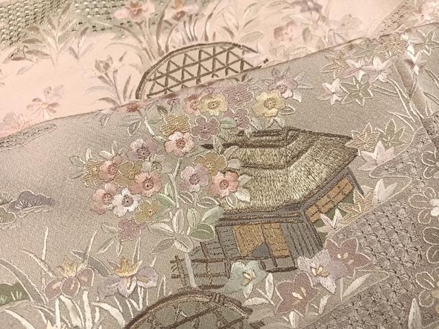 平和屋着物●訪問着　総刺繍　翠山刺繍　草花風景文　暈し染め　正絹　逸品　AABM5199ph