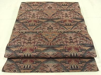 平和屋着物◎九寸名古屋帯　風景文　正絹　逸品　AABM5203bw