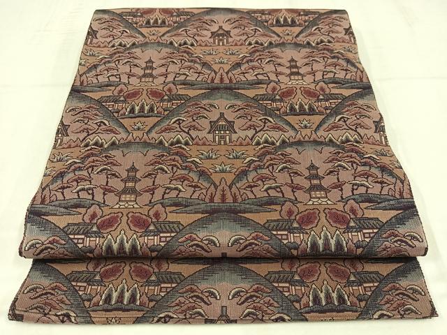 平和屋着物◎九寸名古屋帯　風景文　正絹　逸品　AABM5203bw