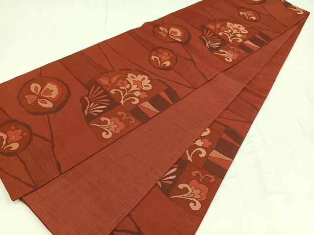 平和屋着物◎六通柄袋帯　更紗花文　赤銅色　正絹　逸品　AABM5206bw