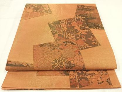 平和屋着物◎太鼓柄袋帯　色紙重ね花鳥文　金糸　正絹　逸品　AABM5208bw