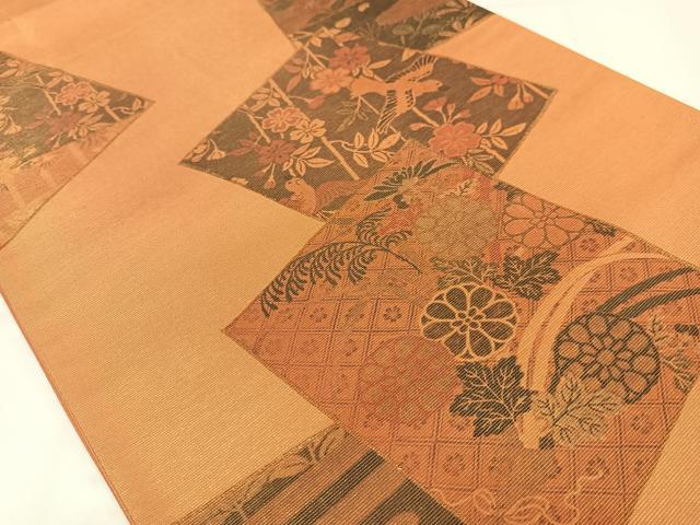 平和屋着物◎太鼓柄袋帯　色紙重ね花鳥文　金糸　正絹　逸品　AABM5208bw