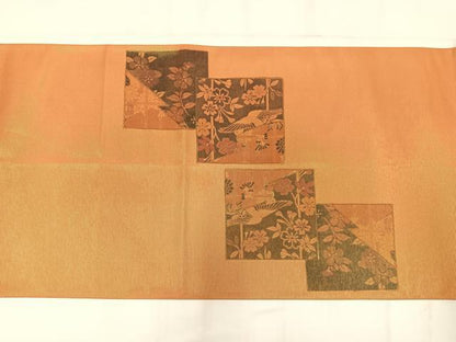 平和屋着物◎太鼓柄袋帯　色紙重ね花鳥文　金糸　正絹　逸品　AABM5208bw