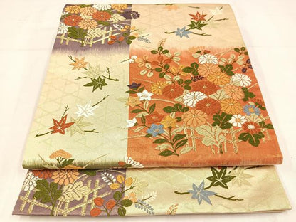 平和屋着物◎六通柄袋帯　唐織　草花文　金糸　正絹　逸品　AABM5210bw