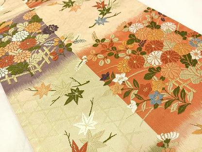 平和屋着物◎六通柄袋帯　唐織　草花文　金糸　正絹　逸品　AABM5210bw