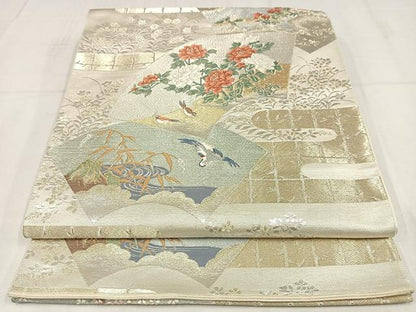 平和屋着物◎六通柄袋帯　唐織　地紙花鳥文　金銀糸　正絹　逸品　AABM5214bw