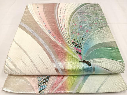 平和屋着物◎六通柄袋帯　舞蝶文　銀糸　正絹　逸品　AABM5217bw