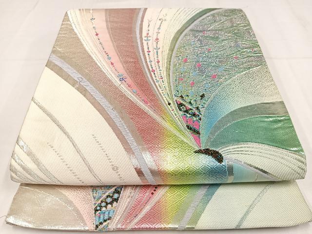 平和屋着物◎六通柄袋帯　舞蝶文　銀糸　正絹　逸品　AABM5217bw