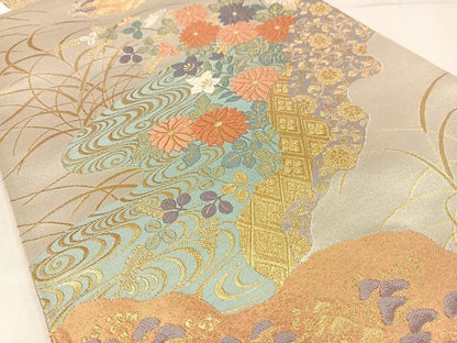 平和屋着物◎六通柄袋帯　唐織　花鳥風月　道長花文　金銀糸　正絹　逸品　AABM5220bw