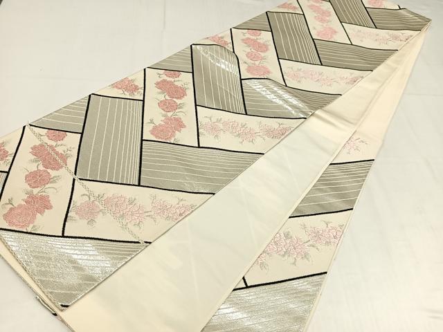 平和屋着物◎六通柄袋帯　唐織　草花文　銀糸　正絹　逸品　AABM5229bw