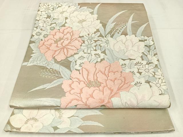 平和屋着物◎六通柄袋帯　唐織　草花文　銀糸　正絹　逸品　AABM5230bw