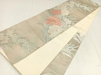 平和屋着物◎六通柄袋帯　唐織　草花文　銀糸　正絹　逸品　AABM5230bw
