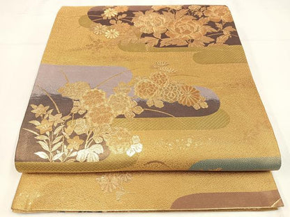平和屋着物◎両面六通柄袋帯　花の譜　金糸　AABM5233bw