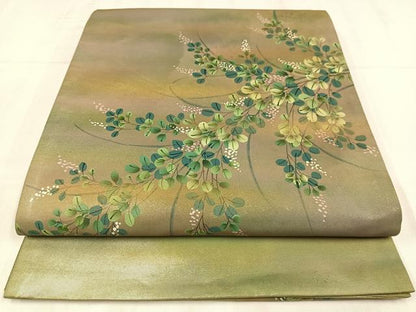 平和屋着物◎太鼓柄袋帯　作家物　手描き　草花文　金彩　引箔　正絹　逸品　AABM5234bw
