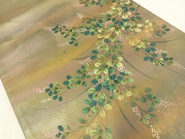 平和屋着物◎太鼓柄袋帯　作家物　手描き　草花文　金彩　引箔　正絹　逸品　AABM5234bw