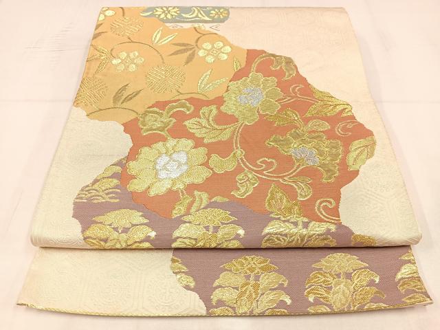 平和屋着物◎六通柄袋帯　道長花文　金糸　正絹　逸品　AABM5241bw