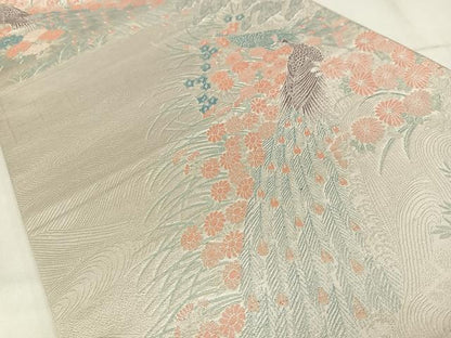 平和屋着物◎六通柄袋帯　唐織　孔雀花文　九百緞子織　銀糸　正絹　逸品　AABM5245bw