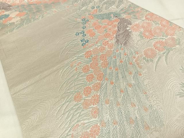 平和屋着物◎六通柄袋帯　唐織　孔雀花文　九百緞子織　銀糸　正絹　逸品　AABM5245bw