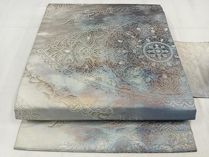 平和屋着物◎九寸名古屋帯　草花文　銀糸　正絹　逸品　AABM5253bw