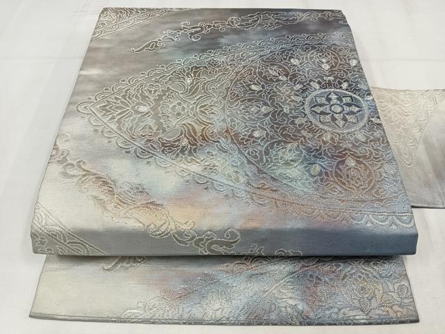 平和屋着物◎九寸名古屋帯　草花文　銀糸　正絹　逸品　AABM5253bw