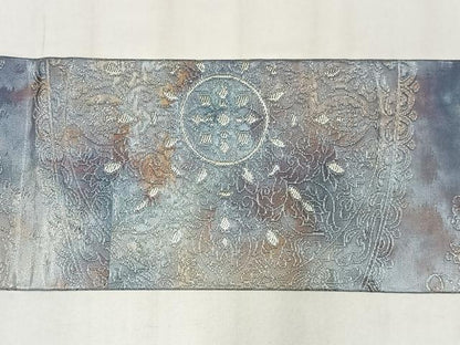 平和屋着物◎九寸名古屋帯　草花文　銀糸　正絹　逸品　AABM5253bw