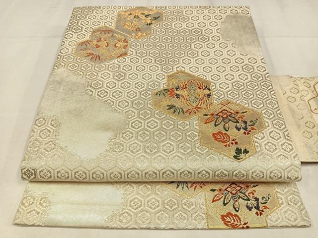 平和屋着物◎九寸名古屋帯　向い鳥亀甲花文　金銀糸　正絹　逸品　AABM5254bw