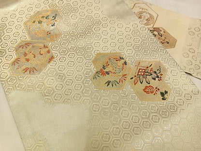 平和屋着物◎九寸名古屋帯　向い鳥亀甲花文　金銀糸　正絹　逸品　AABM5254bw