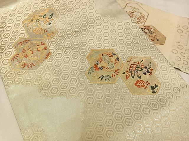 平和屋着物◎九寸名古屋帯　向い鳥亀甲花文　金銀糸　正絹　逸品　AABM5254bw