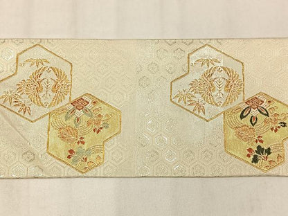 平和屋着物◎九寸名古屋帯　向い鳥亀甲花文　金銀糸　正絹　逸品　AABM5254bw