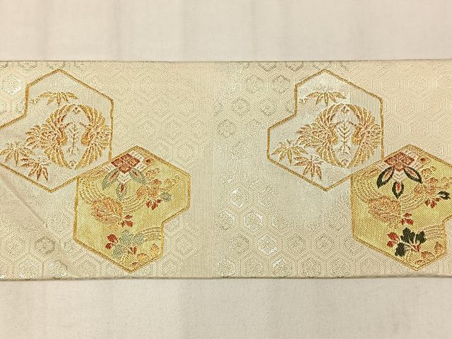 平和屋着物◎九寸名古屋帯　向い鳥亀甲花文　金銀糸　正絹　逸品　AABM5254bw