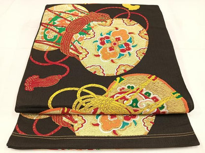 平和屋着物◎六通柄袋帯　唐織　花鼓　黒地　金糸　正絹　逸品　AABM5262bw