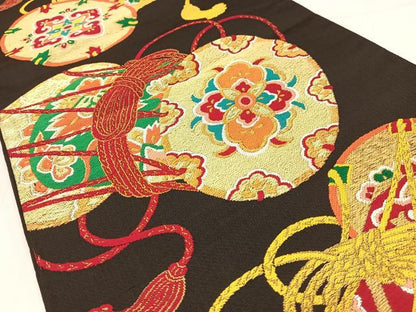 平和屋着物◎六通柄袋帯　唐織　花鼓　黒地　金糸　正絹　逸品　AABM5262bw