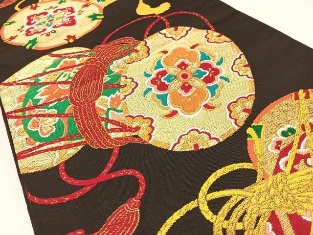 平和屋着物◎六通柄袋帯　唐織　花鼓　黒地　金糸　正絹　逸品　AABM5262bw