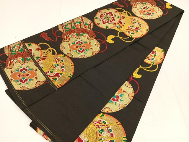 平和屋着物◎六通柄袋帯　唐織　花鼓　黒地　金糸　正絹　逸品　AABM5262bw