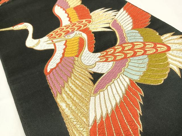 平和屋着物◎六通柄袋帯　唐織　飛鶴文　黒地　金糸　正絹　逸品　AABM5263bw