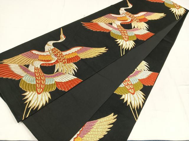 平和屋着物◎六通柄袋帯　唐織　飛鶴文　黒地　金糸　正絹　逸品　AABM5263bw