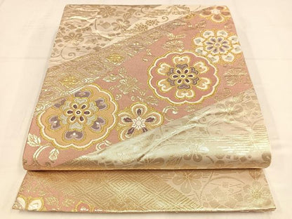 平和屋着物◎六通柄袋帯　切嵌花文　金糸　正絹　逸品　AABM5264bw