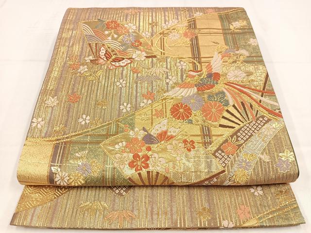 平和屋着物◎六通柄袋帯　唐織　扇面鳳凰花蝶文　正絹　逸品　AABM5265bw