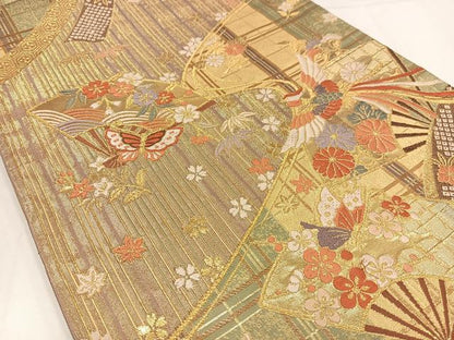 平和屋着物◎六通柄袋帯　唐織　扇面鳳凰花蝶文　正絹　逸品　AABM5265bw