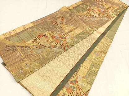 平和屋着物◎六通柄袋帯　唐織　扇面鳳凰花蝶文　正絹　逸品　AABM5265bw