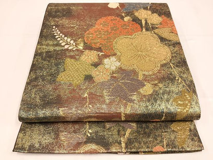 平和屋着物◎六通柄袋帯　枝梅舞葉文　金糸　正絹　逸品　AABM5270bw