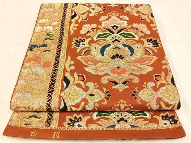 平和屋着物◎西陣　六通柄　本袋帯　唐織　更紗花文　金銀糸　正絹　逸品　AABM5274bw