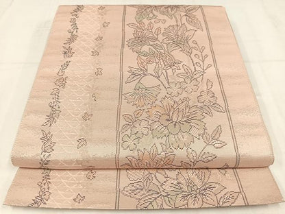 平和屋着物◎八寸名古屋帯　草花間道　正絹　逸品　AABM5282bw